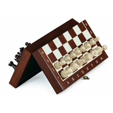 Mini magnetic wooden chess set, folded box in triangular position