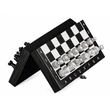 Travel case folded at an angle, showing magnetic pieces stored inside