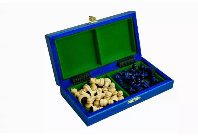 Jeu d’Echecs Magnétique Mini en Bois Bleu Compact et Portable