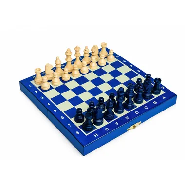 Small folding blue chess set with Staunton pieces arranged on the board