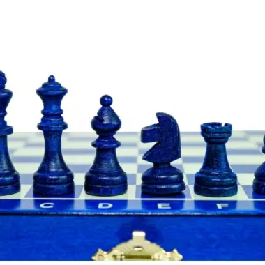 Jeu d’Echecs Magnétique Mini en Bois Bleu Compact et Portable