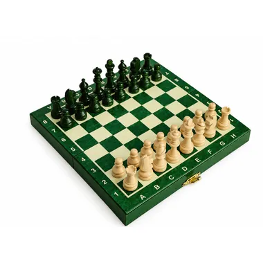 Foldable wooden chess set in green and light wood, open board with pieces set up