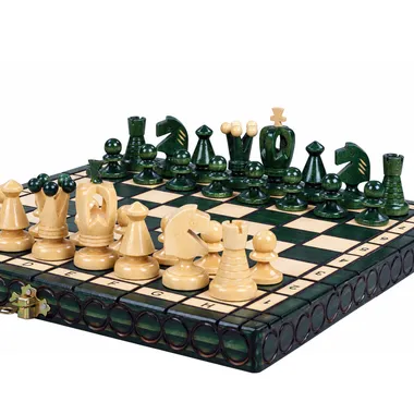 Folding chess set, green and ivory pieces on a folding board