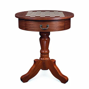 Table d'échecs ronde en acajou avec pied central sculpté et tiroir