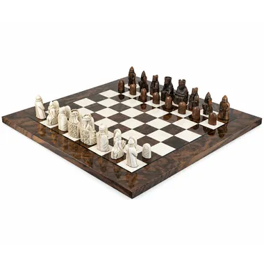 Large 60 cm chess set viewed from the front on an inlaid chessboard