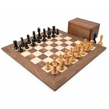 Complete Staunton 1869 chess set with walnut and maple chessboard, open box