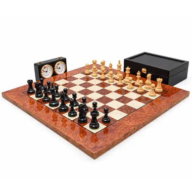 Complete Staunton chess set with burl wood board, clock and box
