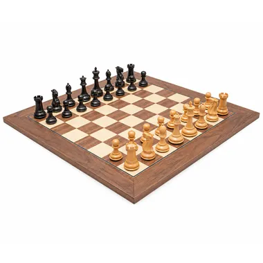 Warwick complete chess set: ebonised boxwood pieces on maple and walnut chessboard