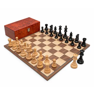 Complete Staunton Conquest chess set with folding board and burl wood box