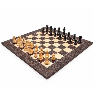 Complete Classic Staunton chess set in boxwood on maple and tiger ebony board