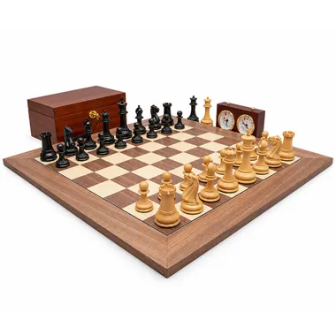 Complete Staunton 1851 chess set with mahogany box, board and clock