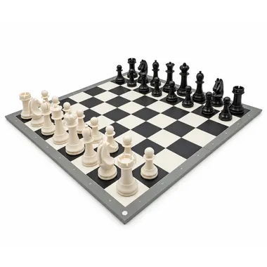 World Chess Academy Edition chess set in starting position on a foldable board