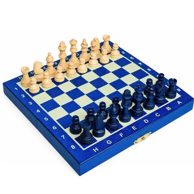 Mini magnetic chess set in blue wood, open board with pieces set up