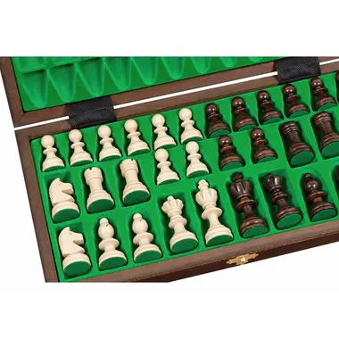 Staunton pieces stored in the chessboard case lined with green felt
