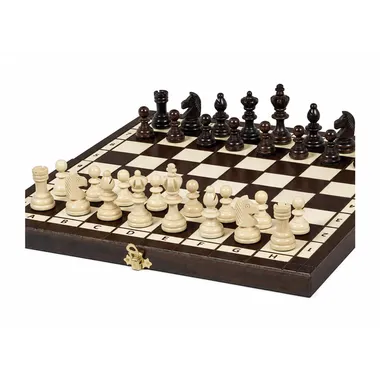 Complete wooden chess set with folding board and Staunton pieces