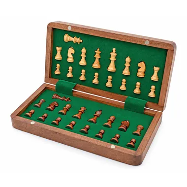 Inside of the case showing the magnetic wooden chess pieces - Le Palais des Echecs