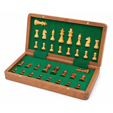 Wooden chess pieces neatly arranged with green velvet - Le Palais Des Echecs