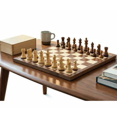 Fierce Knight chess set set up on a table in a cosy setting - Le Palais Des Echecs
