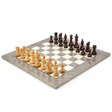 Rosewood & Grey Ash Burl chess set on an elegant board - Le Palais Des Echecs