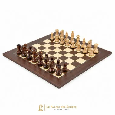 French Knight Mongoy Rosewood chess set seen at an angle - Le Palais Des Echecs