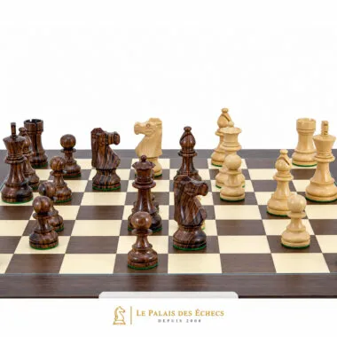 Close-up view of the French Knight chess set with rosewood and ivory pieces - Le Palais Des Echecs