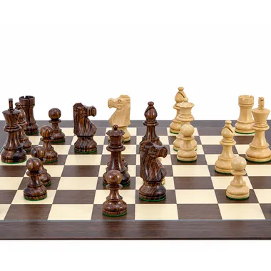 Close-up view of the French Knight chess set with rosewood and ivory pieces - Le Palais Des Echecs