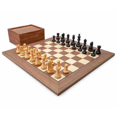 Levisham Black and Walnut Chess Set with Staunton pieces on an elegant board - Le Palais des Échecs