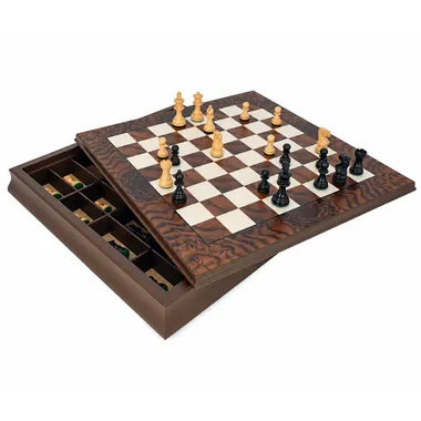 Luxury Kingsclere chess set in ebony and walnut with built-in storage