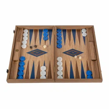 Oak and walnut backgammon set shown with blue and white checkers - Le Palais Des Echecs