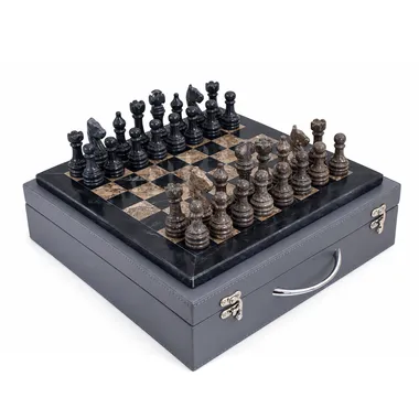 Natural stone and marble chess set, open on its storage box