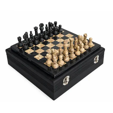 Closed marble storage box with chess board and pieces placed on top