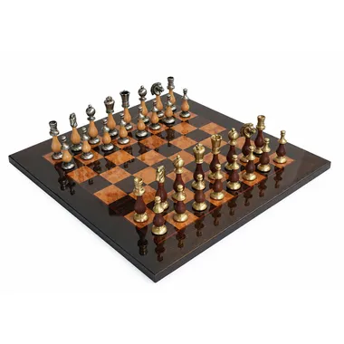 Complete brass and wood chess set on a glossy maple and briar chess board 51cm
