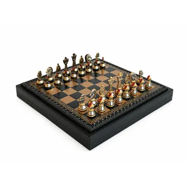 Overall view of the 28x28 cm black faux leather storage box chess board with Roman metal pieces in place