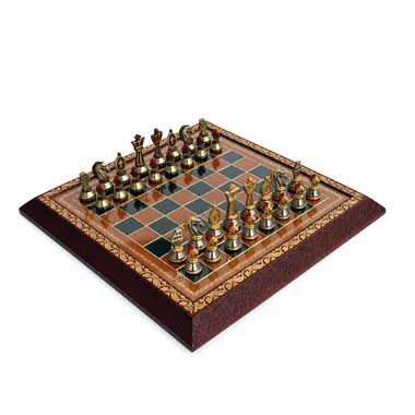 Collectible Romans chess set in painted metal on a luxury leather and glass chess board
