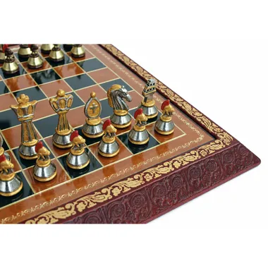 Detail of the silver and gold metal Roman chess pieces hand-painted with centurion pawn