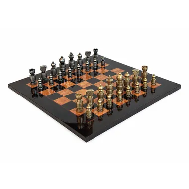Overview of the modern solid brass chess set on a glossy maple and briar chess board 51cm