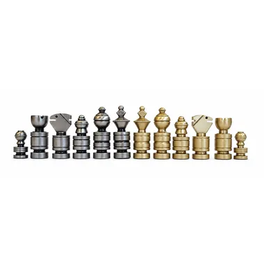 Lineup of modern solid brass chess pieces showing the minimalist design and king height of 5.7 cm