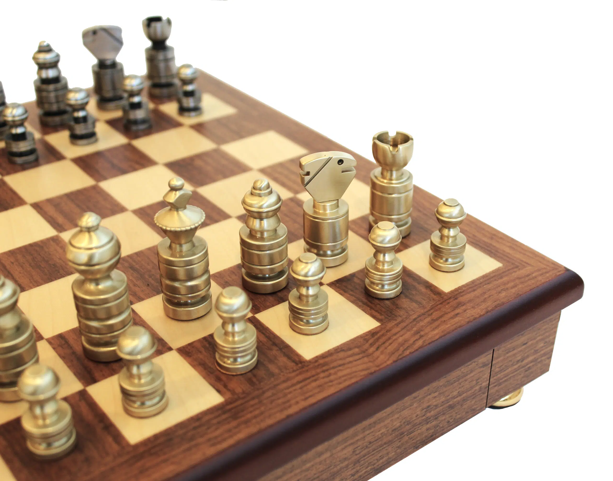 Design Chess Set: Contemporary Solid Brass Pieces, Hand-Finished & Mahogany and Maple Wood Chess Board with Storage Drawer (32 x 32 cm) - Image 3