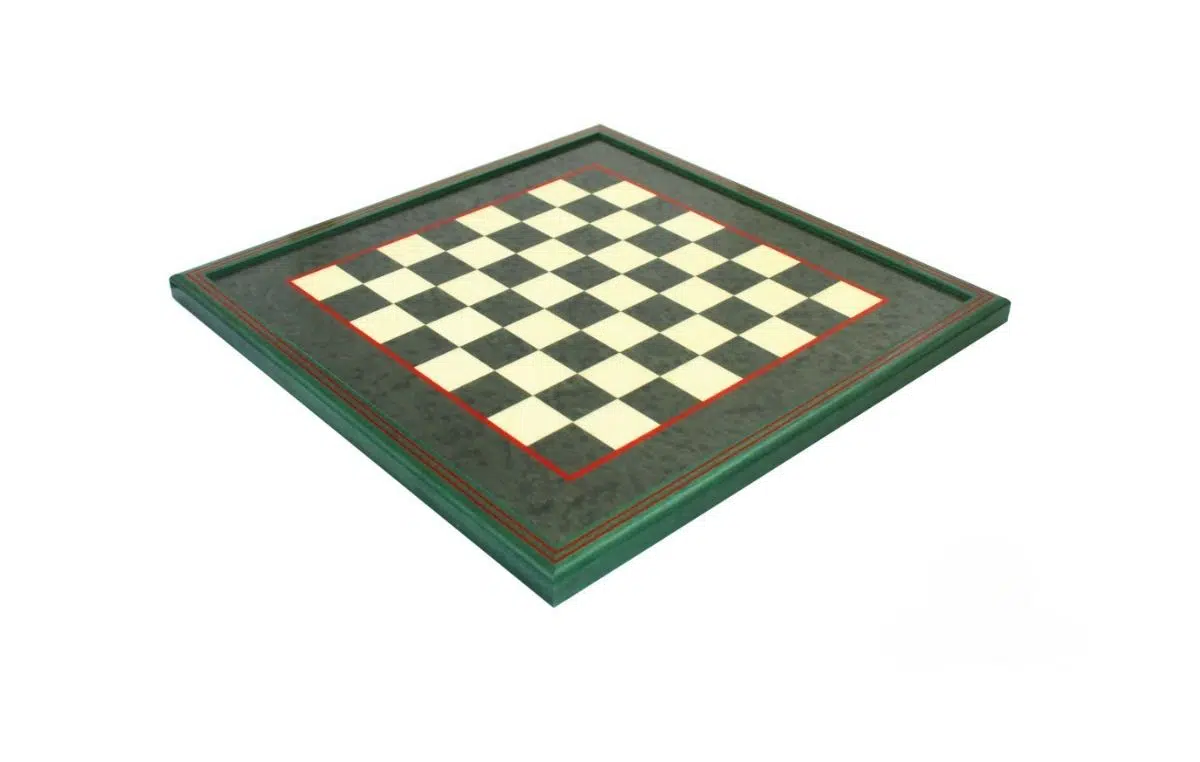 Plateau d'échiquier vide en loupe de bruyère verte laquée 45x45 cm avec liseré rouge