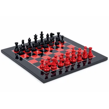 Complete red and black lacquered wooden chess set on a glossy briar burl chess board 42cm