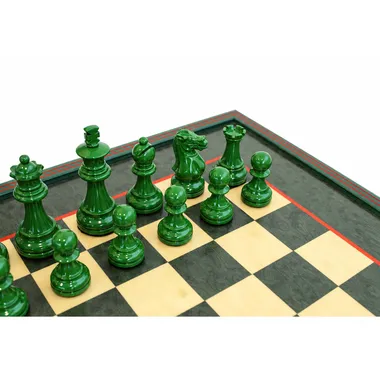 Close-up of the glossy lacquered green chess army with a 7.6 cm king