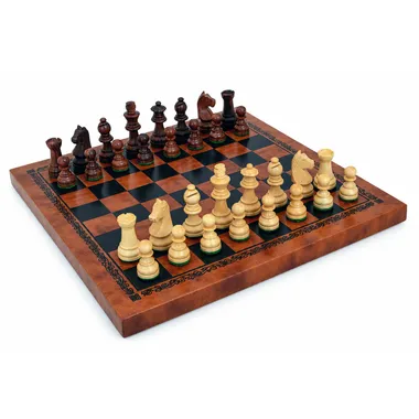Small Living Room Chess Set: Staunton Acacia Wood Weighted Pieces King 5 cm & Black and Gold Faux Leather Chess Board 26 x 26 cm