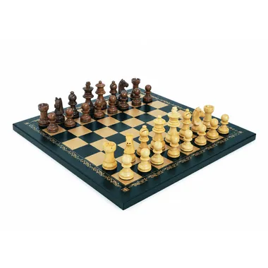 Design chess set in acacia wood on black and gold faux leather chessboard