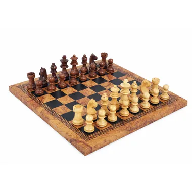 Overview of the compact chess set with acacia wood pieces and antique map faux leather chess board 26cm