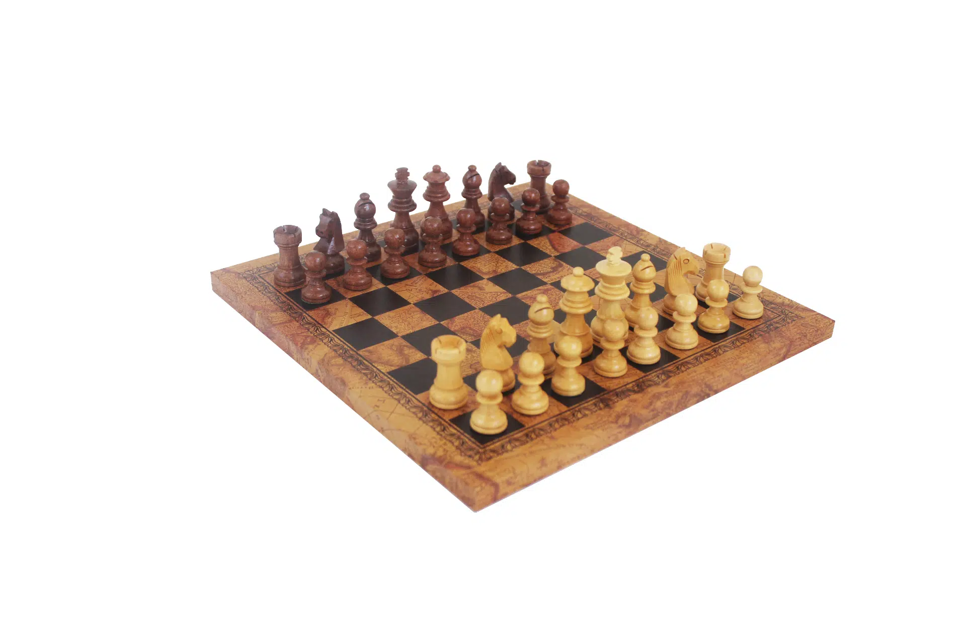 Vue d'ensemble du jeu d'échecs compact avec pièces en bois d'acacia et échiquier similicuir carte ancienne 26cm