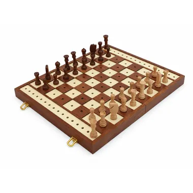 Tactile wooden chess board for the blind, open with all pieces in place