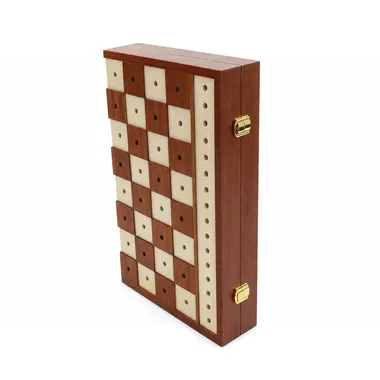 Closed chess board for the blind, folding case in mahogany and maple with gold clasps