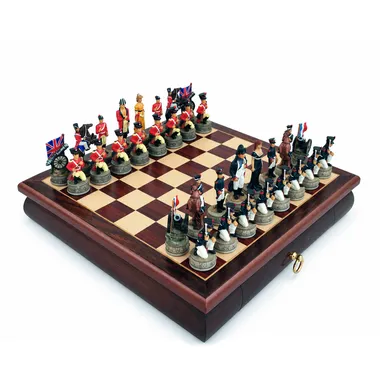 Historical Battle of Waterloo Chess Set and Rosewood Chess Board with Storage