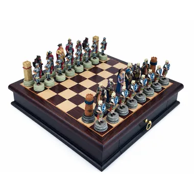 Romans versus Arabs themed complete chess set on a rosewood storage box chess board 32cm