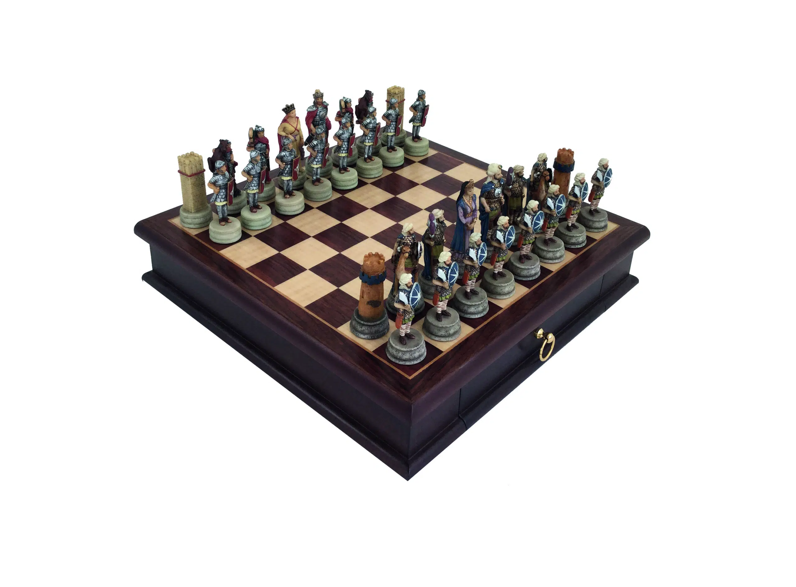 Jeu d'échecs thématique Romains contre Arabes complet sur échiquier coffret en palissandre 32cm